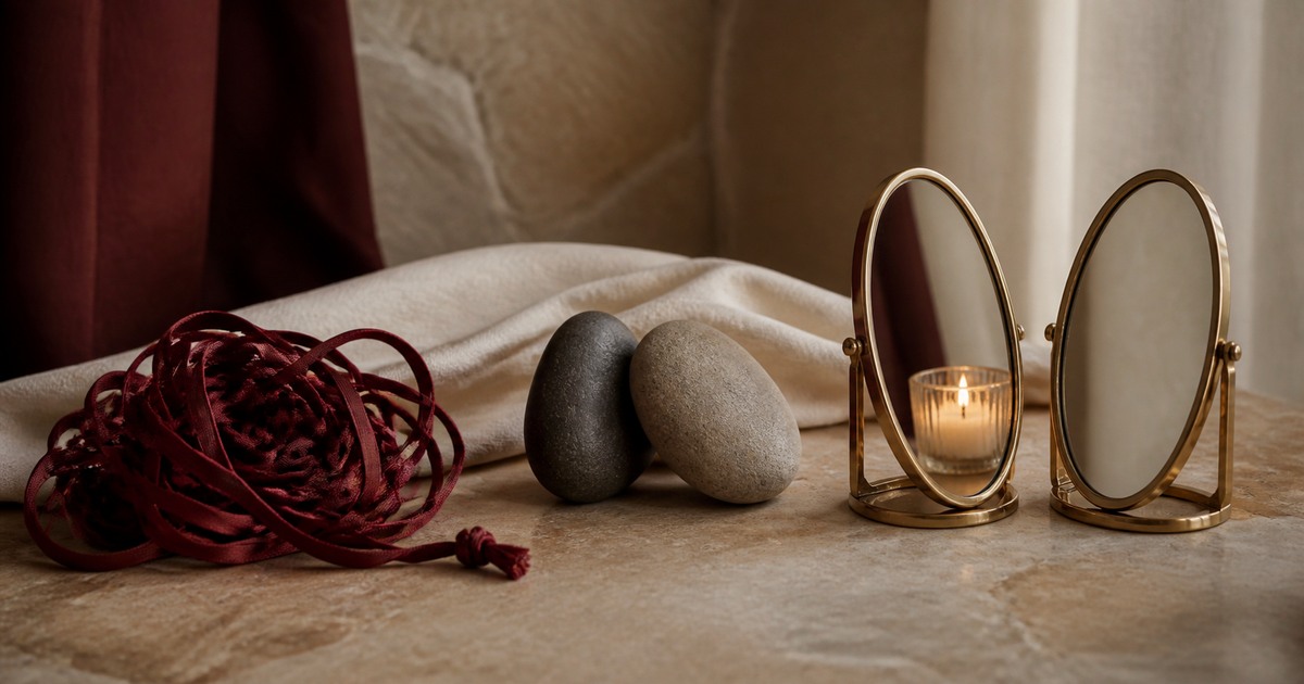 Tangled cord, paired stones, and mirrored light symbolizing three spiritual relationship concepts
