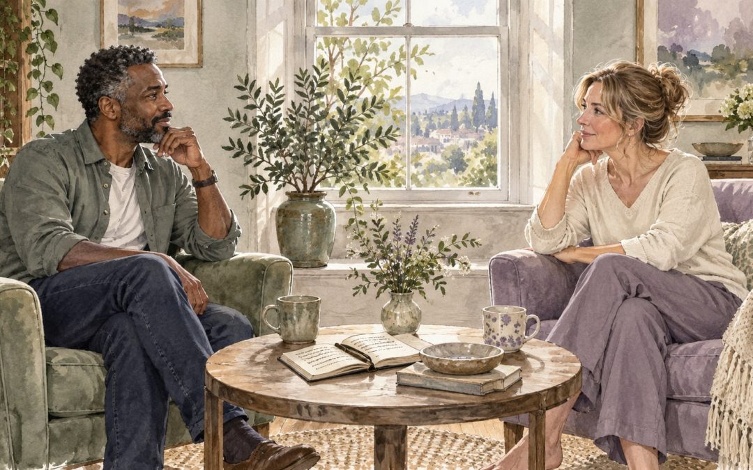 Two adults sitting in separate armchairs and discussing an open notebook in a calm living room.