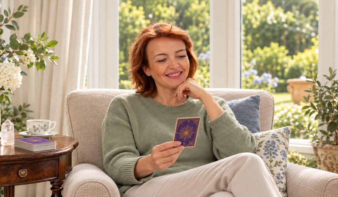 A woman reflecting on a tarot card in a sunlit conservatory with an oatmeal armchair, ivory curtains and blue-gray cushions.