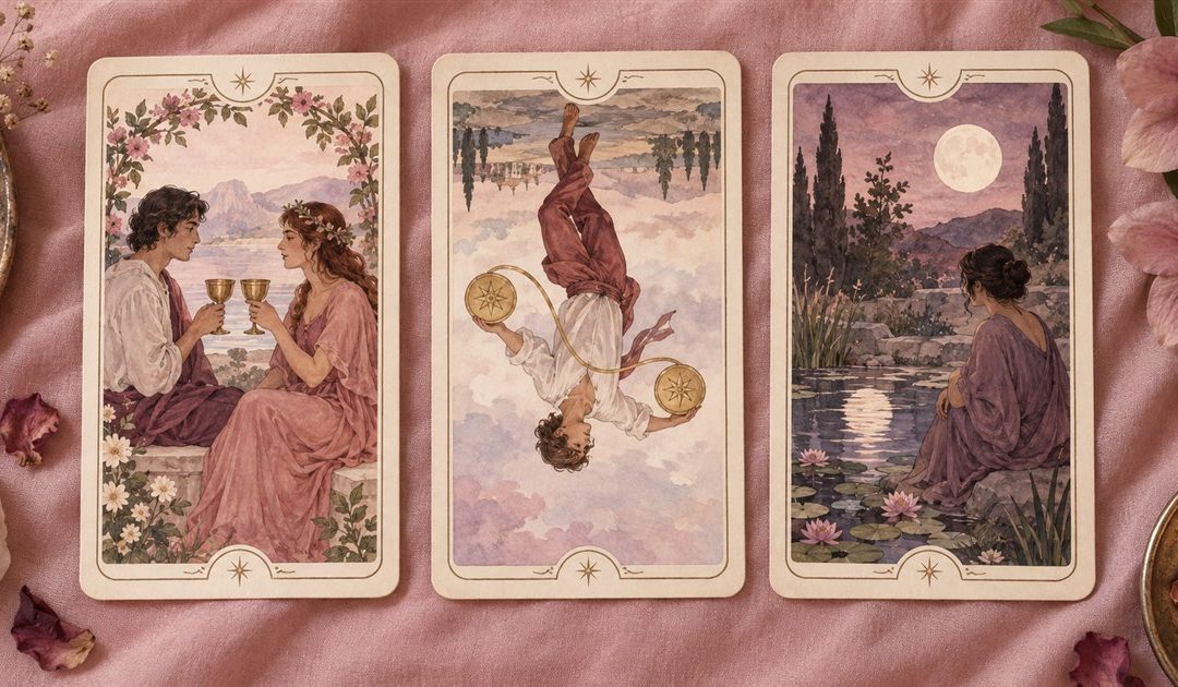 A three-card illustrative relationship spread with one card reversed on a soft pink cloth.