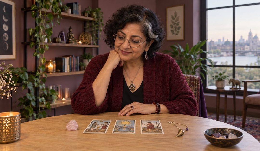 Illustrative psychic reader reflecting on a relationship tarot spread with rose quartz and a pendulum in a mauve reading studio.