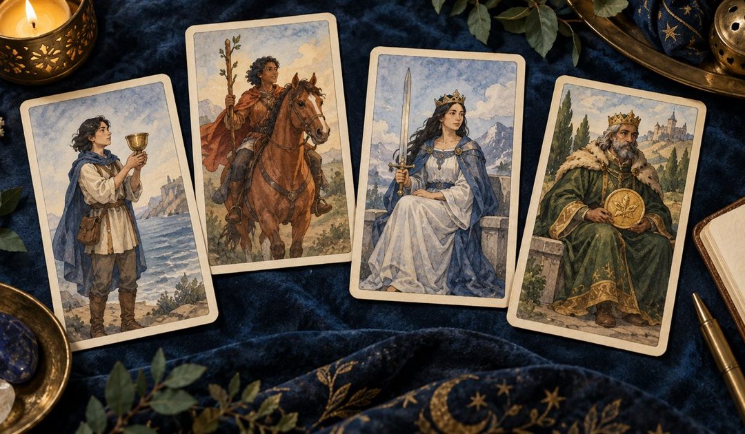 Four stylized tarot court cards arranged beside a relationship reading journal.